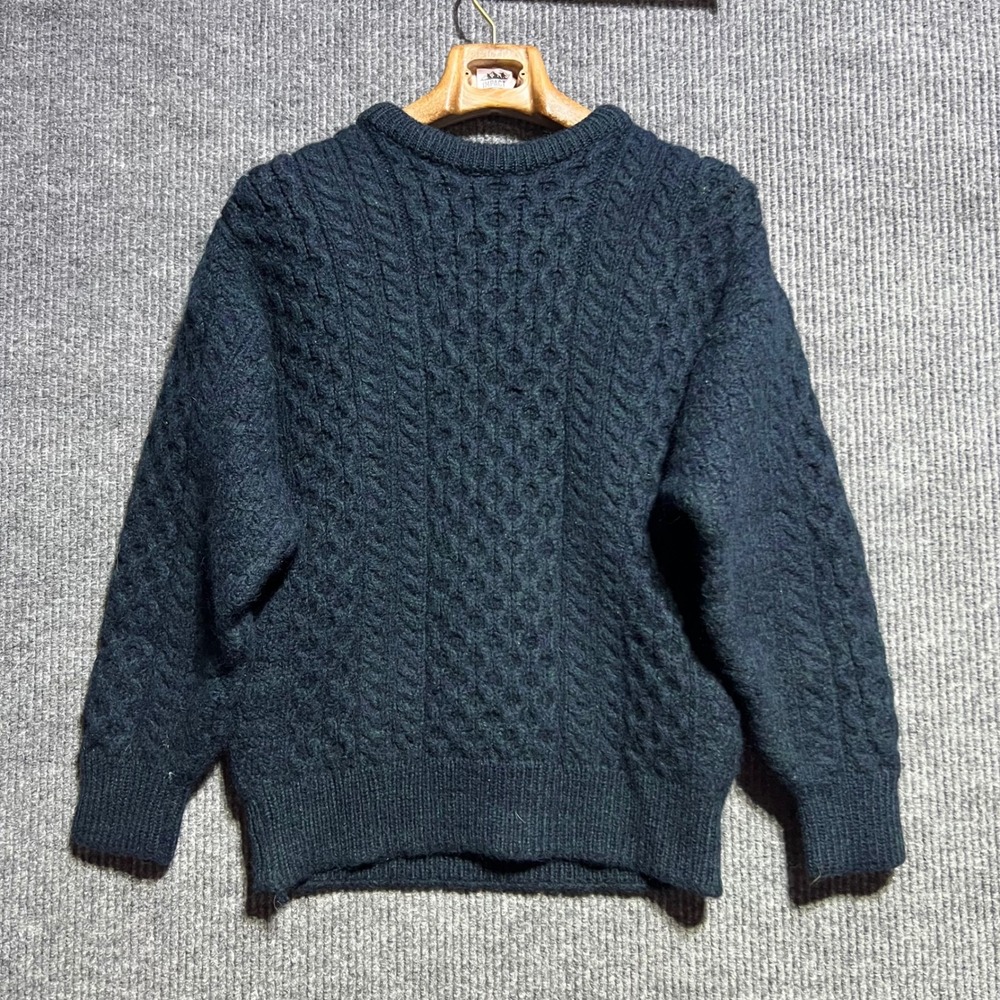 Vintage Quills Woollen Market Sweater Mens M Green Navy Cable Knit Wool Ireland